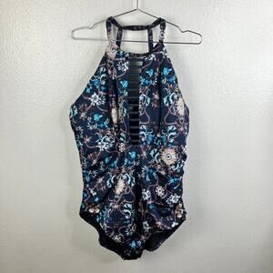 Swim by Cacique Floral Cutout 1pc Size 22 Navy Halter Neck Lightly Lined No Wire